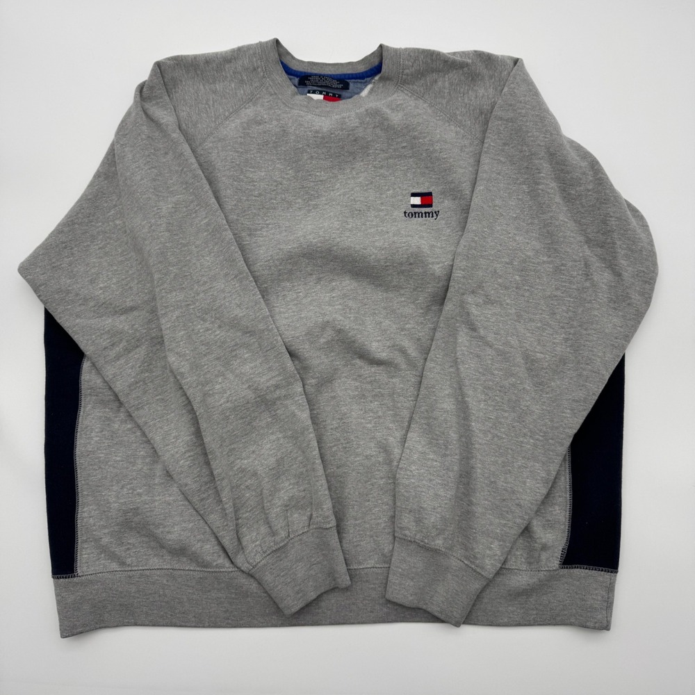 Vintage Tommy Hilfiger Mens Gray Navy Side Panel Crewneck Sweatshirt XL Y2K